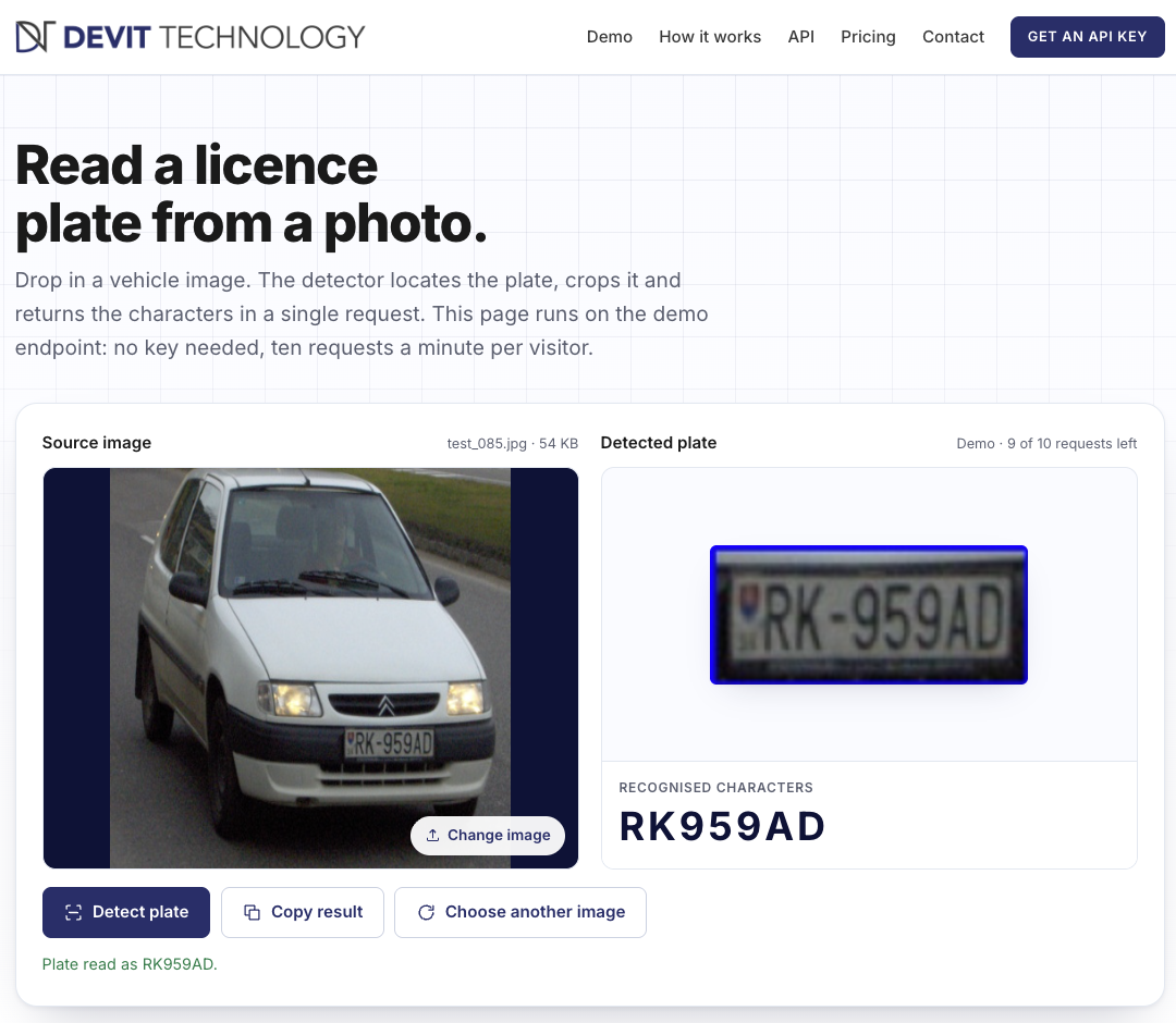 The licence plate OCR demo showing a white hatchback, the detected plate crop and the recognised characters RK959AD