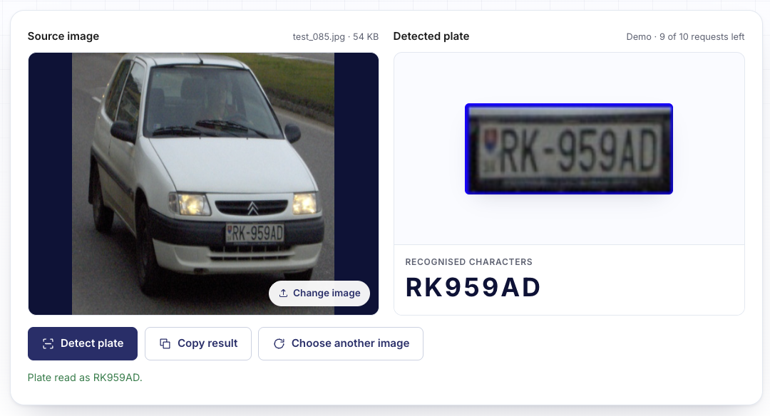The live demo showing a white hatchback, the detected plate crop and the recognised characters RK959AD